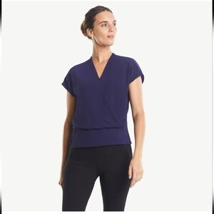 MM Lafleur Blouse Shirt Top Short Sleeve Draped Chiffon Acetate Navy Blue Sz S